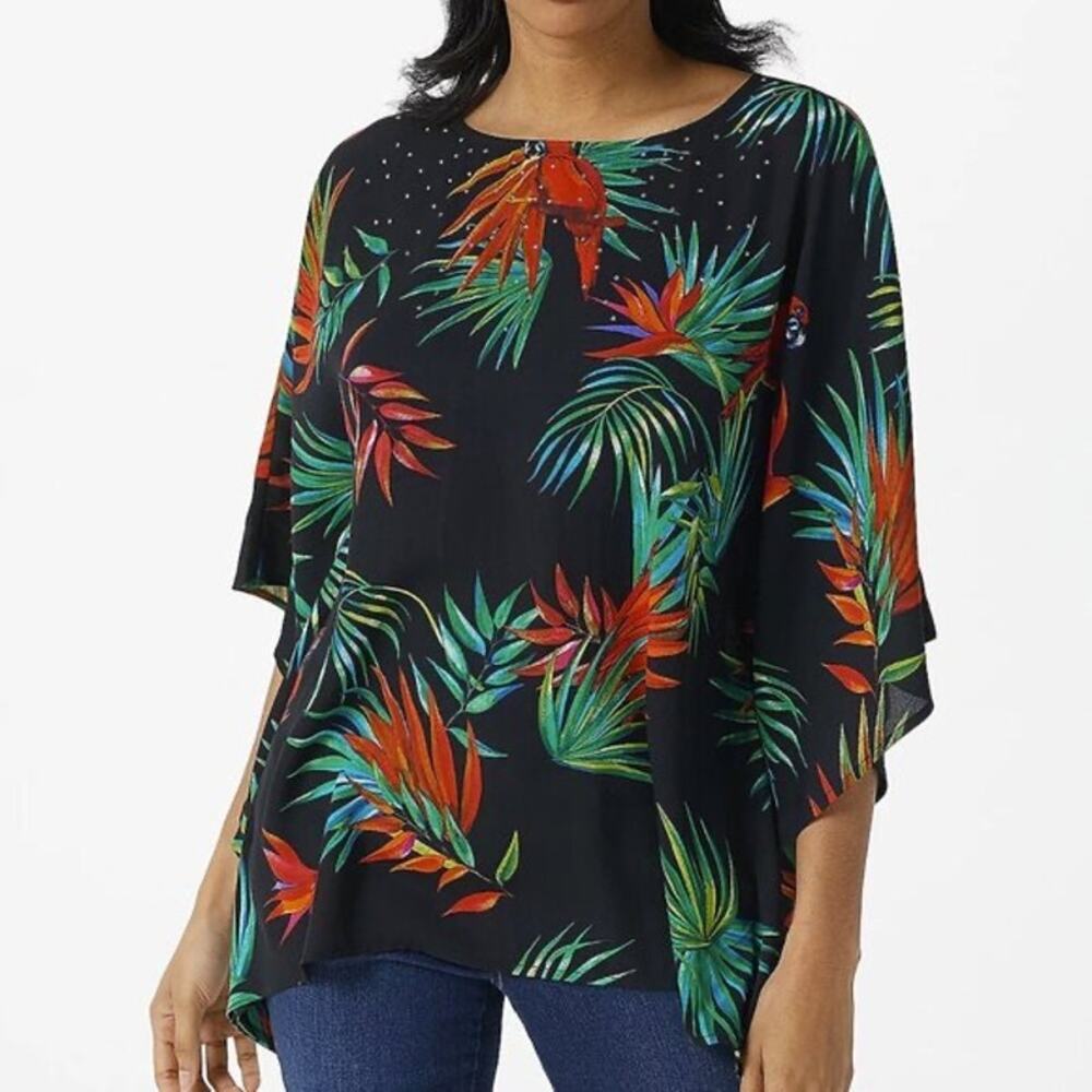 Quacker Factory Tropical Parrot Caftan Top L Rhinestone Flowy Beach Aloha Resort